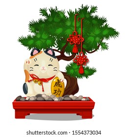 Maneki neko and bonsai isolated on a white background. Vector cartoon close-up illustration