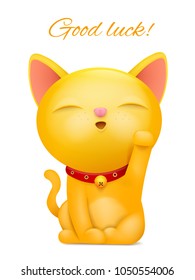 Maneki Neko cartoon emoticon yellow cat character. Vector illustration