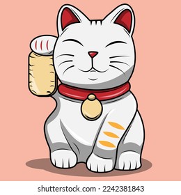 Maneki neko cat cartoon. Vector illustration of a white fat cat with raised paws holding a gold coin. Japanese symbol of luck, wealth and prosperity.