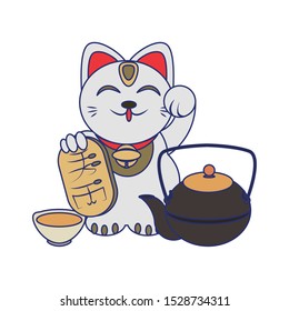 Maneki neko cat and cast iron teapot icon over white background, vector illustration
