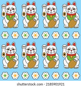 Maneki neko cat with coin and sakura seamless pattern. Line japanese symbol wishing good luck with raised paw. Cartoon vector background of wealth, happiness, fortune.