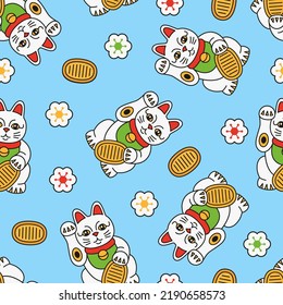 Maneki neko cat with coin and sakura seamless background. Line japanese symbol wishing good luck with raised paw. Cartoon vector pattern of wealth, happiness, fortune.
