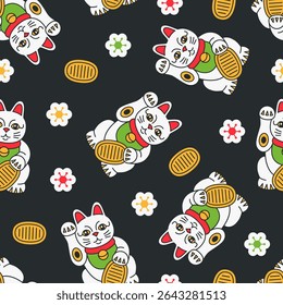 Maneki neko cat with coin and sakura seamless pettern. Line japanese symbol wishing good luck with raised paw. Cartoon vector wallpaper of wealth, happiness, fortune.