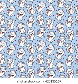 Maneki Neko Cat With Fish Seamless Pattern.