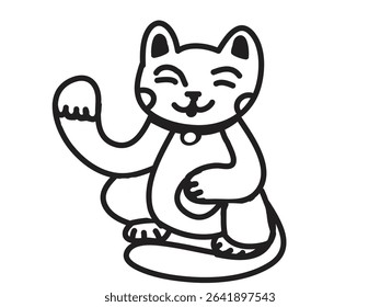 Maneki neko cat. Luck, wealth,  fortune Chinese happy cat.  Coloring outlines. Vector illustration. 