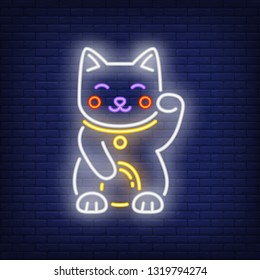 Maneki Neko cat neon sign. Japanese mascot of luck design. Night bright neon sign, colorful billboard, light banner. Vector illustration in neon style.