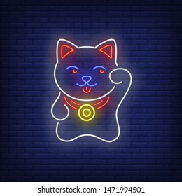 Maneki neko cat neon sign. Prosperity, Asia, culture design. Night bright neon sign, colorful billboard, light banner. Vector illustration in neon style.