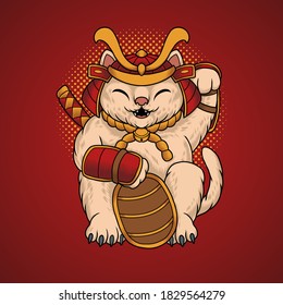 Maneki neko cat samurai vector illustration