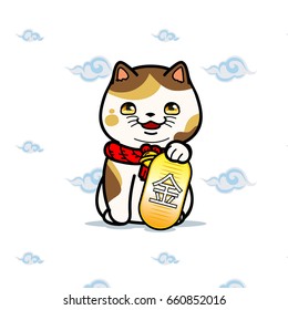 Maneki Neko cat statue east asian  symbolic of luck, fortune, vector illustration with simple seamless pattern.