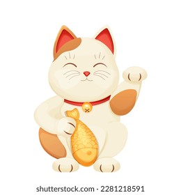 Maneki neko cat tradition figure lucky symbol, pet with collar and bell, golden fish in cartoon style isolated on white background