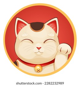 Maneki neko cat tradition figure lucky symbol, pet with collar and bell in cartoon style isolated on white background