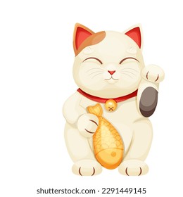 Maneki neko cat tradition figure lucky symbol, pet with collar and bell, golden fish in cartoon style isolated on white background