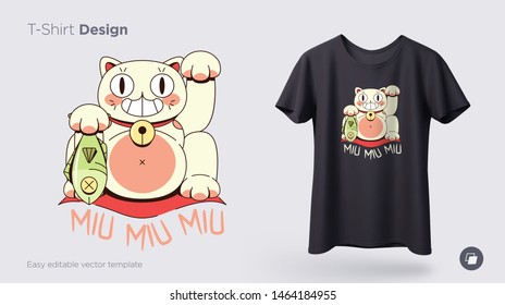 Maneki neko cat.Prints on T-shirts, sweatshirts, cases for mobile phones, souvenirs. Isolated vector illustration on white background.