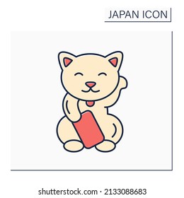 Maneki neko color icon. Beckoning cat. Lucky cat. Mechanical paw which slowly moves back and forth. Japanese culture concept. Isolated vector illustration