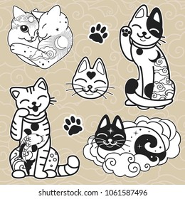 Maneki neko. Cute cats. Vector templates for stickers, t-shirt print and other