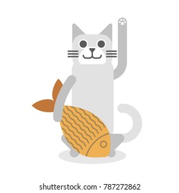 Maneki Neko with fish. Vector cartoon flat style illustration isolated on white.