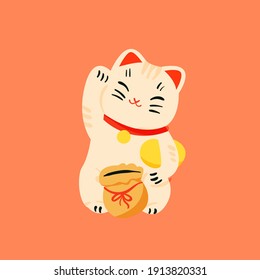 Maneki neko flat cartoon illustration. Japanese folklore symbol banner design. Asian culture, lucky cat, smiling kitty with gold coin printing card.