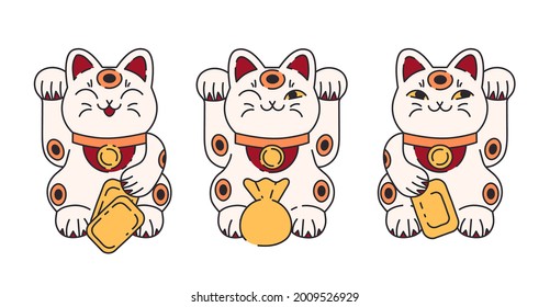 Maneki Neko Flat Cartoon Illustration Set. Japanese Folklore Symbol Collection. Asian Culture, Lucky Cat, Smiling Kitty With Gold Coin Background Elements.