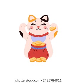 Maneki Neko flat vector illustration. Traditional Japanese cat with raised paws and a bag of gold coins. The figurine symbolizes good luck and wealth, isolated background.