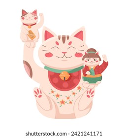 Maneki neko fortune cat. Traditional japanese lucky cat, bringing wealth cartoon vector illustration