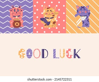 Maneki neko good luck banner, japanese lucky cat, fortune symbol. Cute kitty character of oriental flat vector illustration.