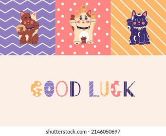 Maneki neko good luck banner, japanese lucky cat, fortune symbol. Cute kitty character of oriental flat vector illustration.