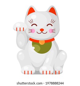 Maneki Neko good luck cat Japanese figurine vector flat illustration. Cheerful pet lucky charm talisman bring fortune owner isolated on white. Traditional domestic animal funny toy with greeting paw
