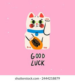 Maneki Neko. Texto de buena suerte. Lindo gato asiático. Carácter divertido. Talismán, amuleto, símbolo de suerte, fortuna, éxito, concepto de prosperidad. Ilustración vectorial dibujada a mano Elemento de diseño aislado