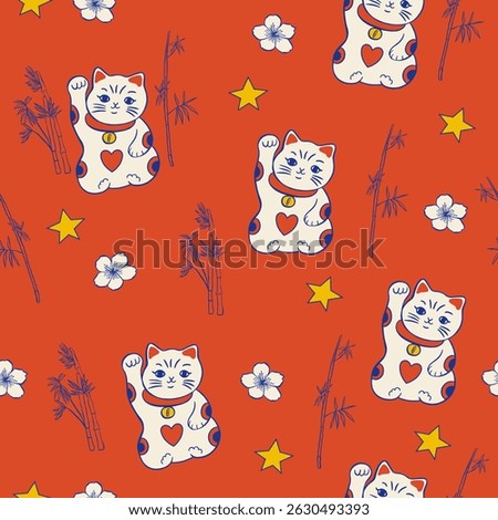 Maneki Neko Hand drawn Vector seamless pattern. Talisman, amulet, good luck symbol, fortune, success, prosperity concept. Asian style.