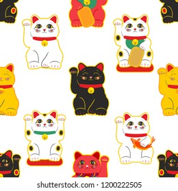 Maneki Neko. Happy cat. Seamless pattern. Vector.