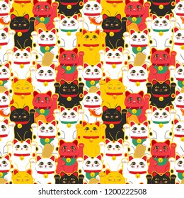 Maneki Neko. Happy cat. Seamless pattern. Vector.