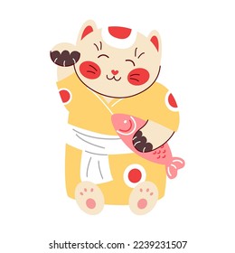 Maneki neko holds fish under arm and raised right paw cartoon vector illustration. Funny Japanese fortune cat isolated on white background. Traditional Asian toy concept