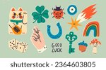 Maneki Neko, horseshoe, clover, acorn, evil eye, star, dice, fig, key, mushroom, rainbow. Talisman, amulet, good luck symbol, fortune, success, prosperity concept. Hand drawn Vector isolated elements