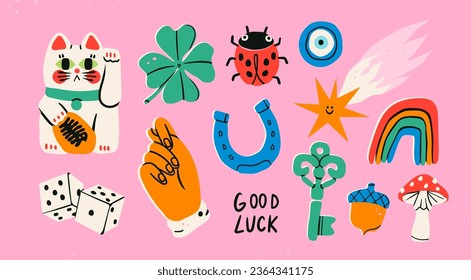Maneki Neko, horseshoe, clover, acorn, evil eye, star, dice, fig, key, mushroom, ladybug. Talisman, amulet, good luck symbol, fortune, success, prosperity concept. Hand drawn Vector isolated elements