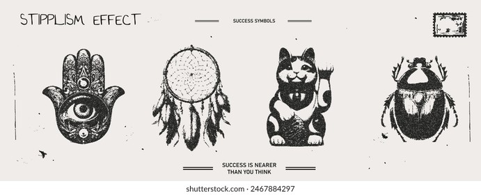 Maneki Neko, horseshoe, clover, evil eye, dream catcher. Talisman, amulet, good luck symbol, fortune, success, prosperity concept. Noise effect vector illustration