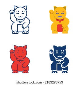 Maneki neko icon set in flat and line style. Japanese symbol of luck and prosperity. Vector illustration.