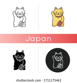 Maneki neko icon. Traditional japanese mascot to bring fortune. Oriental souvenir from Japan. Kitty talisman for luck. Linear black and RGB color styles. Isolated vector illustrations