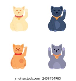 Maneki neko icons set cartoon vector. Japanese cat maneki neko with raised paw. Asian figurine for good luck