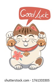 Maneki neko isolate on a white background and the inscription good luck. Vector graphics.