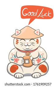 Maneki neko isolate on a white background and the inscription good luck. Vector graphics.