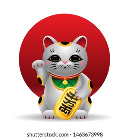 Maneki Neko japan lucky cat with golden coin on red circle. Realistic Illustration isolated on white background. Poster, banner, postcard, print. Vector