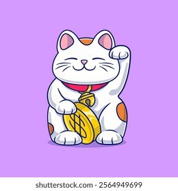 Maneki neko. Japanese beckoning cat. Cartoon vector icon