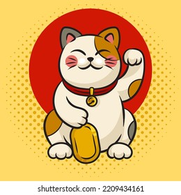 Maneki neko Japanese cat pinup pop art retro vector illustration. Comic book style imitation.