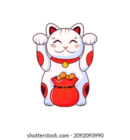 Maneki Neko is a Japanese cat with raised paws and a bag of money. Symbol of luck and wealth. Vector cartoon illustration on a white isolated background.