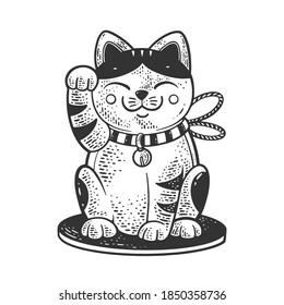 Maneki neko Japanese cat sketch engraving vector illustration. T-shirt apparel print design. Scratch board imitation. Black and white hand drawn image.
