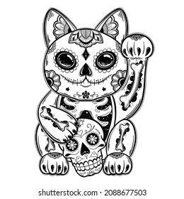 Maneki neko Japanese cat sketch vector illustration. T-shirt apparel print design. Black and white hand drawn image.