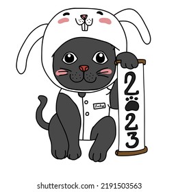 Maneki Neko (Japanese luck cat) wear rabbit costume for year 2023 cartoon vector illustration