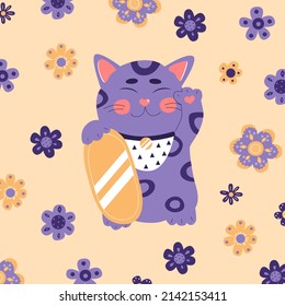 Maneki neko, japanese lucky cat, fortune symbol. Cute kitty character of oriental flat vector illustration.