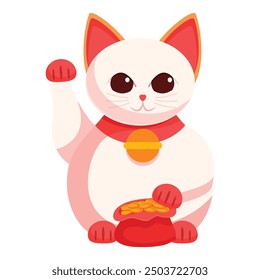 Maneki neko, the japanese lucky cat, is holding a bag of gold coins and waving its paw