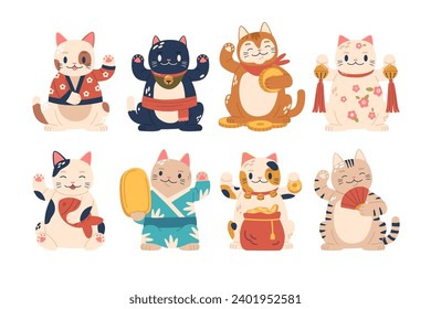 Maneki Neko Japanese Lucky Cats, Flaunts Raised Paws, Beckoning Fortune. Adorned With Vibrant Colors And Smiling Face svg